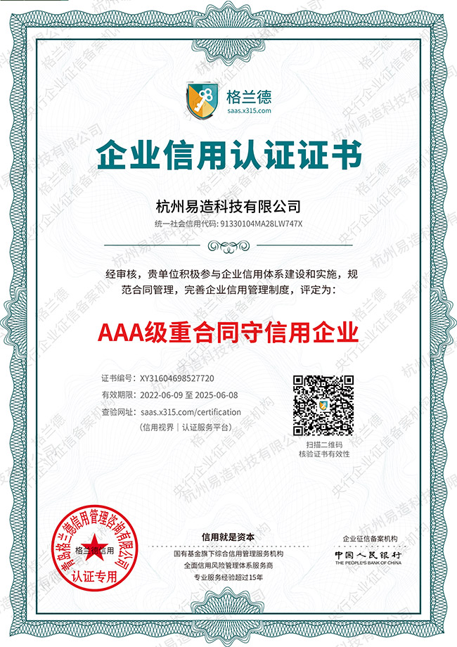 AAA重合同守信用證書
